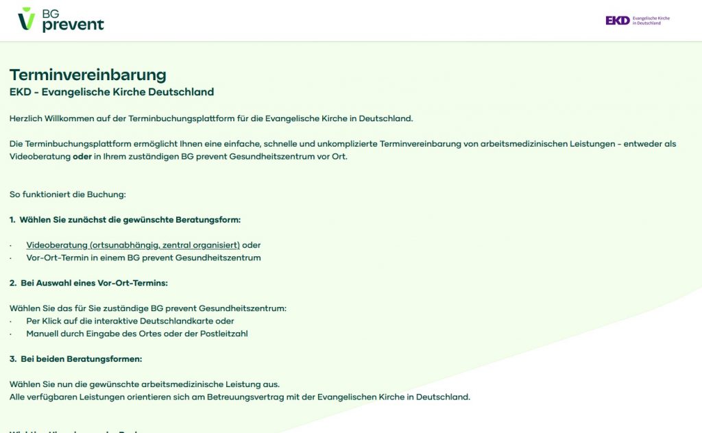 Startseite der terminbuchungsplattform der EKD bei der BG prevent