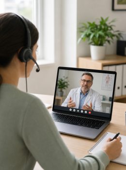 Eine Frau schaut in einem Laptop und hat eine Videobesprechung mit einem Betriebsarzt